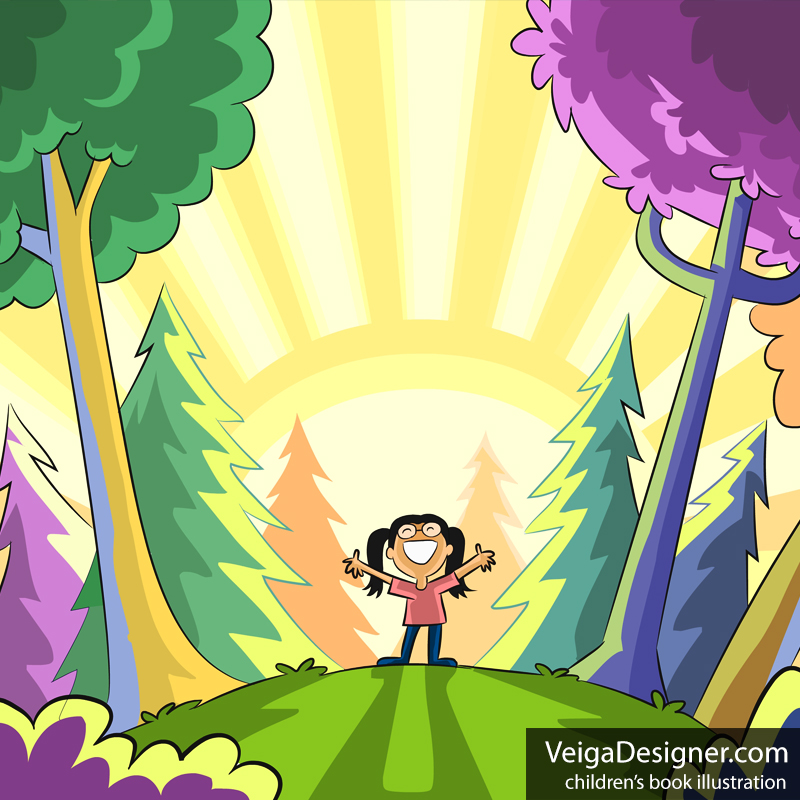 Joyful girl on a hilltop at sunrise surrounded by trees