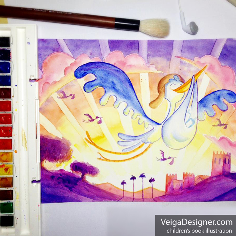 Watercolor stork flying over a Moroccan landscape at sunset